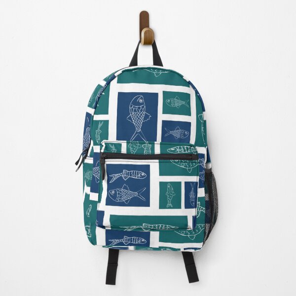 Item preview, Line Drawn Fish Pattern on Teal and Navy Blocks | Coastal Grid Print designed and sold by MizzleInk.