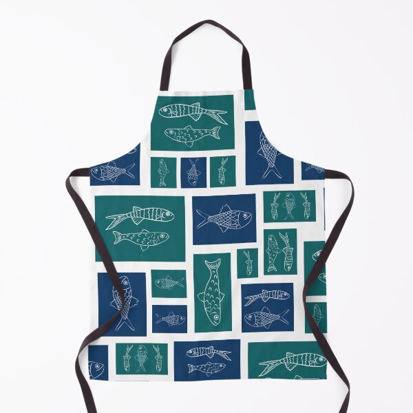 Item preview, Line Drawn Fish Pattern on Teal and Navy Blocks | Coastal Grid Print designed and sold by MizzleInk.