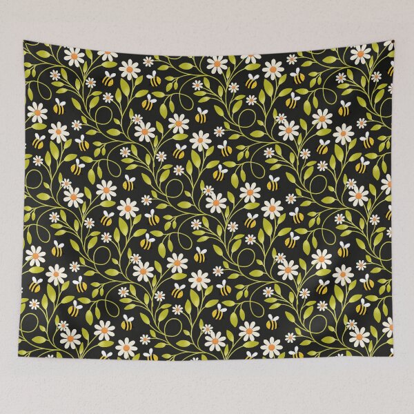 Item preview, Daisy and Bee Pattern on Black | Cute Trailing Floral Print designed and sold by MizzleInk.