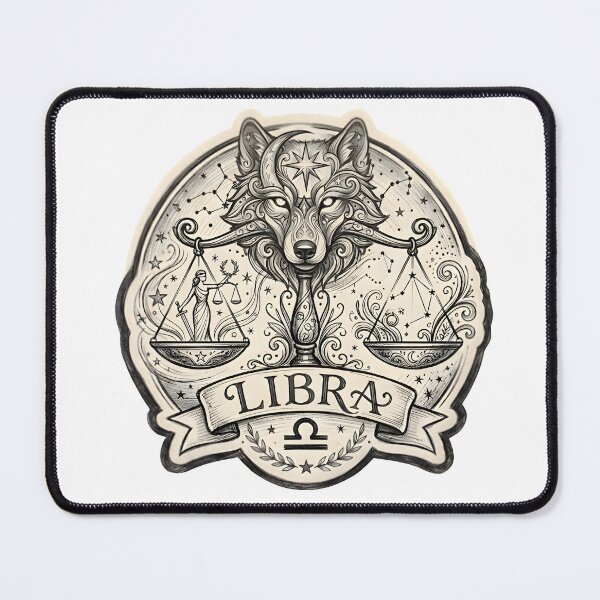 Item preview, Libra Wolf Scales Stars Vintage Sketch Badge Zodiac Art designed and sold by Zodiac Celestial Art.