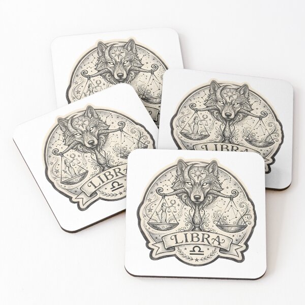 Item preview, Libra Wolf Scales Stars Vintage Sketch Badge Zodiac Art designed and sold by Zodiac Celestial Art.