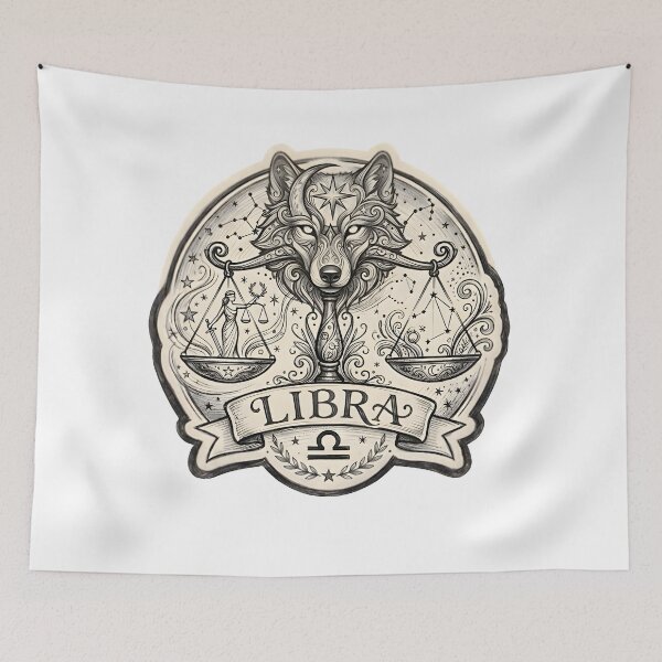 Item preview, Libra Wolf Scales Stars Vintage Sketch Badge Zodiac Art designed and sold by Zodiac Celestial Art.