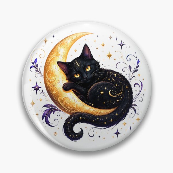 Item preview, Moonlit Black Cat on Golden Crescent Moon designed and sold by cat-and-pigeon.