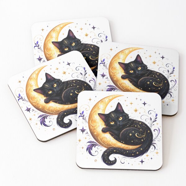 Item preview, Moonlit Black Cat on Golden Crescent Moon designed and sold by cat-and-pigeon.