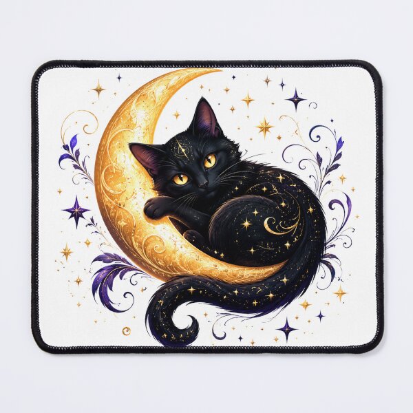Item preview, Moonlit Black Cat on Golden Crescent Moon designed and sold by cat-and-pigeon.