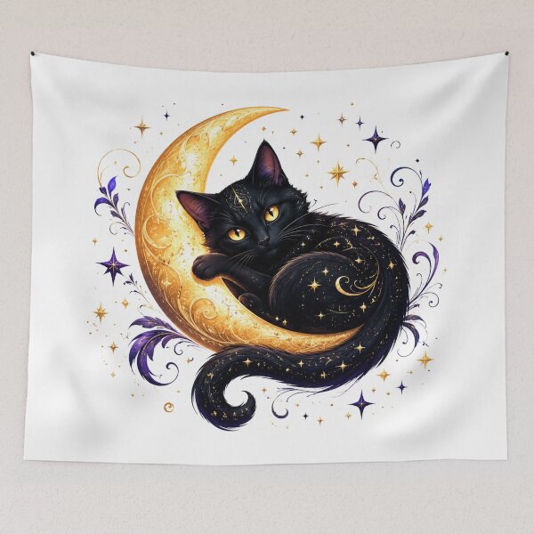 Item preview, Moonlit Black Cat on Golden Crescent Moon designed and sold by cat-and-pigeon.