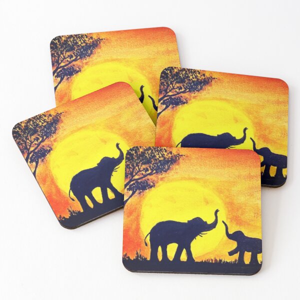 Item preview, African Sunset Silhouette Elephants Painting designed and sold by RetroGalaxies.