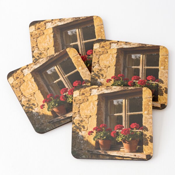 Item preview, Golden Hour Rustic Cottage Window with Red Geraniums aesthetic photo designed and sold by Dezinix.