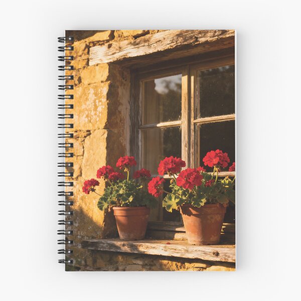 Item preview, Golden Hour Rustic Cottage Window with Red Geraniums aesthetic photo designed and sold by Dezinix.
