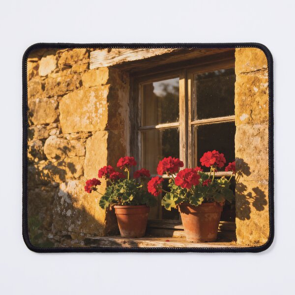 Item preview, Golden Hour Rustic Cottage Window with Red Geraniums aesthetic photo designed and sold by Dezinix.