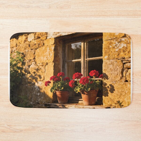 Item preview, Golden Hour Rustic Cottage Window with Red Geraniums aesthetic photo designed and sold by Dezinix.