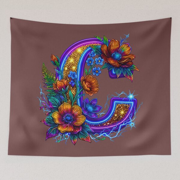 Item preview, Floral Neon C Initial Monogram designed and sold by MBBialyPiksel.