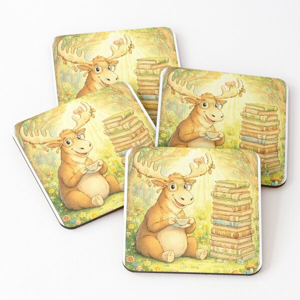 Item preview, Bookworm Moose Coffee Time | Whimsical Forest Library Art designed and sold by Clothes With Smiling Animals Walt Gral.