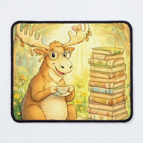 Item preview, Bookworm Moose Coffee Time | Whimsical Forest Library Art designed and sold by Clothes With Smiling Animals Walt Gral.