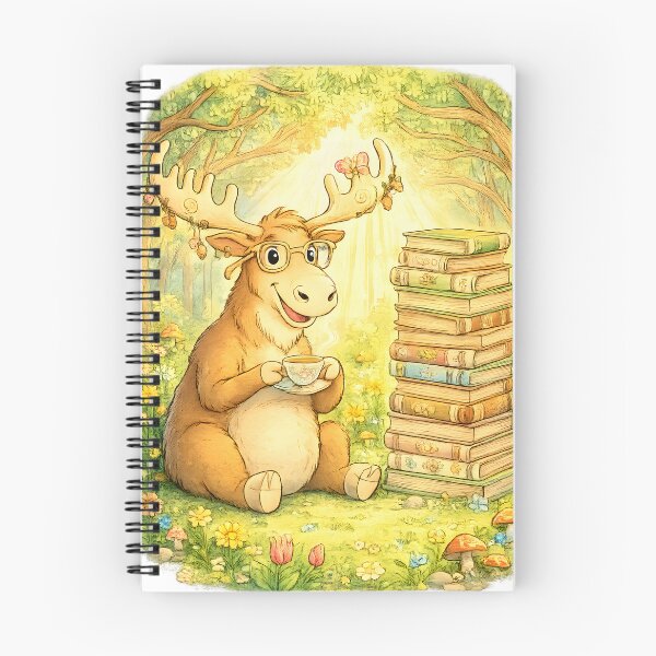 Item preview, Bookworm Moose Coffee Time | Whimsical Forest Library Art designed and sold by Clothes With Smiling Animals Walt Gral.