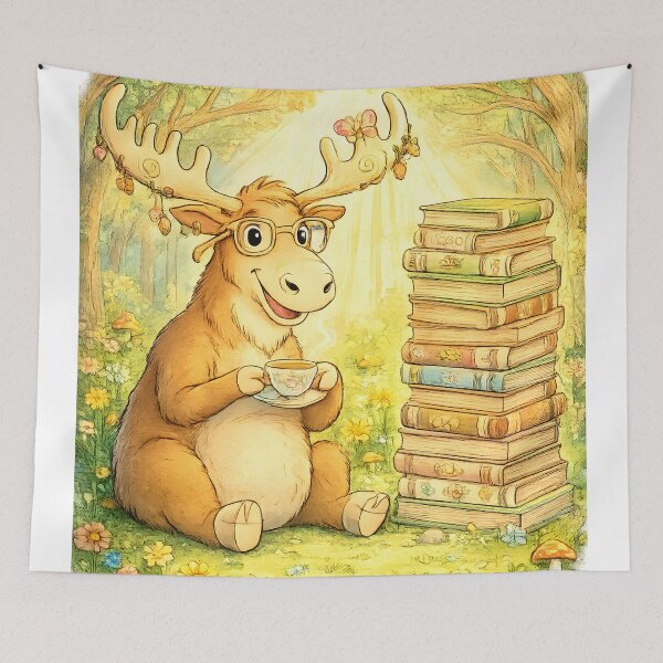 Item preview, Bookworm Moose Coffee Time | Whimsical Forest Library Art designed and sold by Clothes With Smiling Animals Walt Gral.