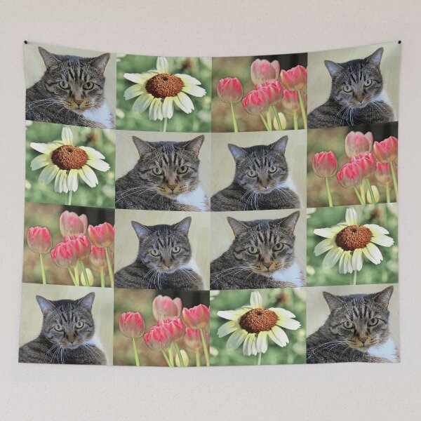 Item preview, Cat Portrait with Daisies and Tulips Collage designed and sold by JurateArt-DK.