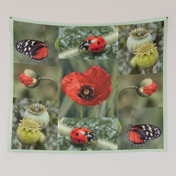 Item preview, Whimsical Ladybug and Poppy Flower Botanical Pattern designed and sold by JurateArt-DK.