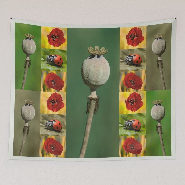Item preview, Whimsical Ladybug and Poppy Flower Botanical Pattern designed and sold by JurateArt-DK.