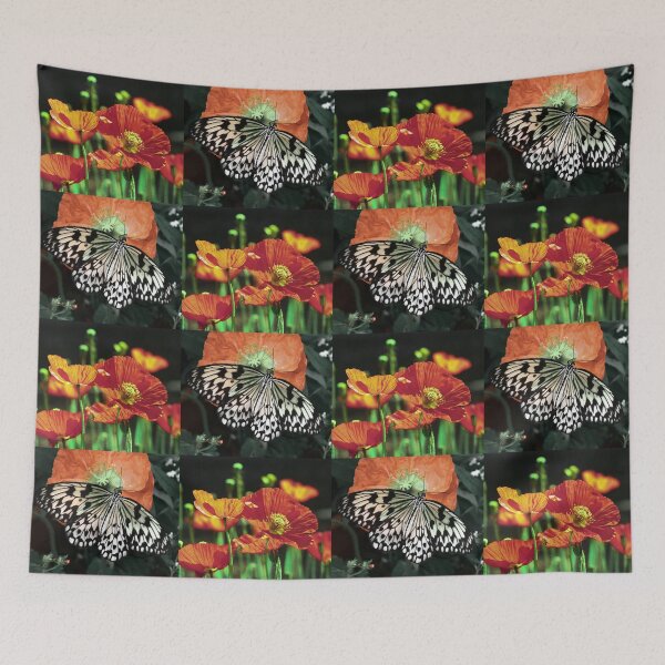 Item preview, Whimsical Butterfly and Poppy Dark Botanical Pattern designed and sold by JurateArt-DK.