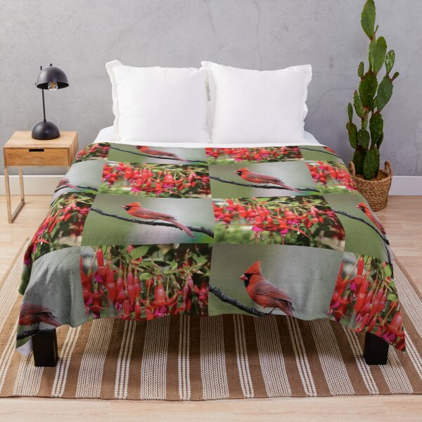 Item preview, Whimsical Cardinal and Fuchsia Flower Botanical Pattern designed and sold by JurateArt-DK.
