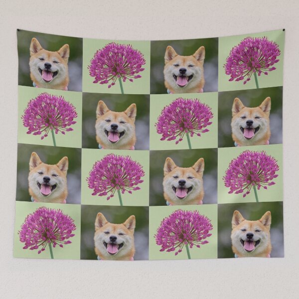 Item preview, Whimsical Dog and Garlic Flower Botanical Pattern designed and sold by JurateArt-DK.
