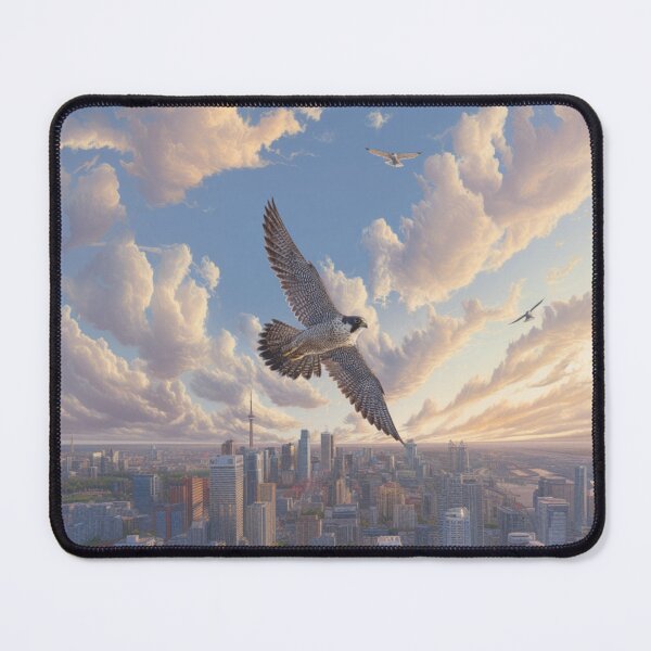 Item preview, A Peregrine Falcon mid-dive over a city skyline, Birds in Motion designed and sold by CDC40.