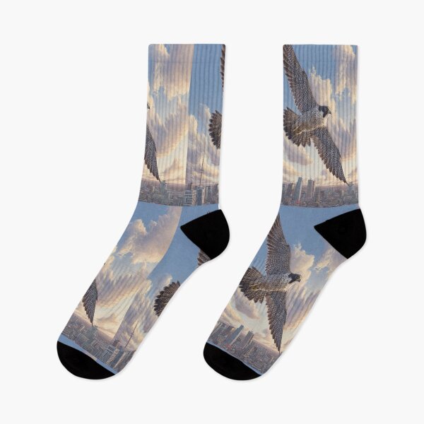 Item preview, A Peregrine Falcon mid-dive over a city skyline, Birds in Motion designed and sold by CDC40.