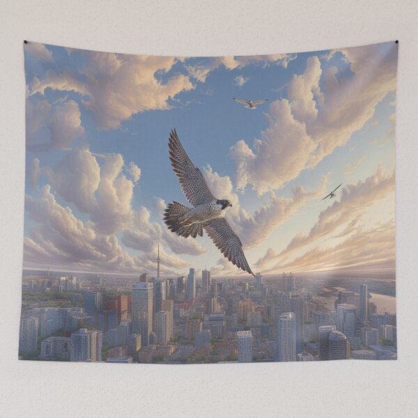 Item preview, A Peregrine Falcon mid-dive over a city skyline, Birds in Motion designed and sold by CDC40.