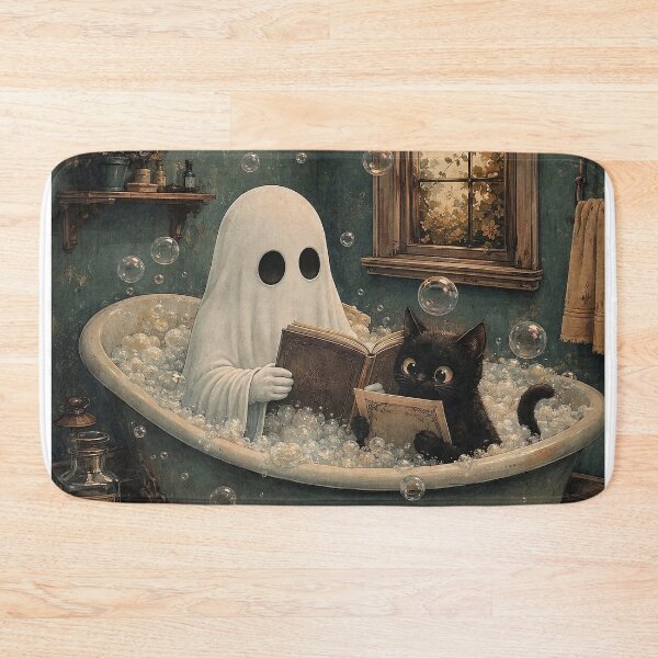 Item preview, Cute Ghost & Black Cat Bubble Bath | Dark Cottagecore Fantasy Illustration designed and sold by Tolchik.