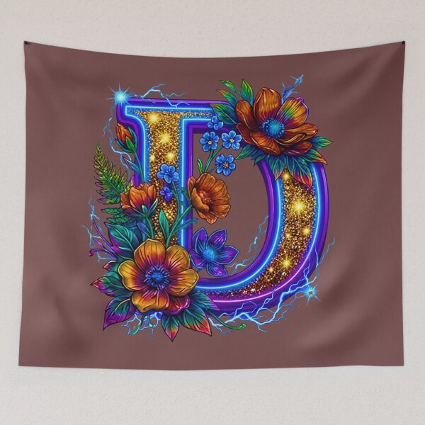 Item preview, Floral Neon D Initial Monogram designed and sold by MBBialyPiksel.