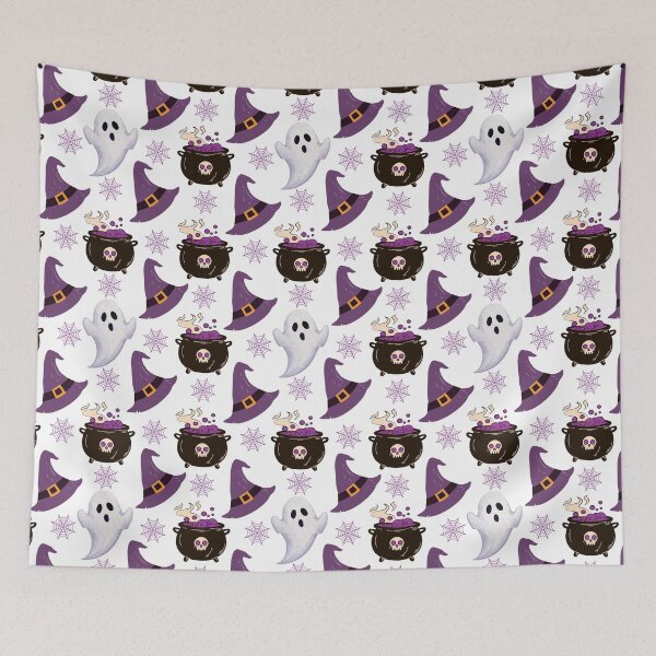Item preview, Cute Halloween Witch Hat & Magic Cauldron Seamless Pattern | Purple Spooky Cute Ghosts & Spider Webs designed and sold by AESTHETIC-FLAIR.