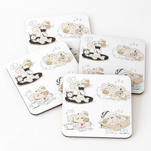 Item preview, Cute cartoon dog sleeping in different cozy situations including bed, box, reading time, and with a teddy bear in a playful hand-drawn illustration set. designed and sold by maewjpho.