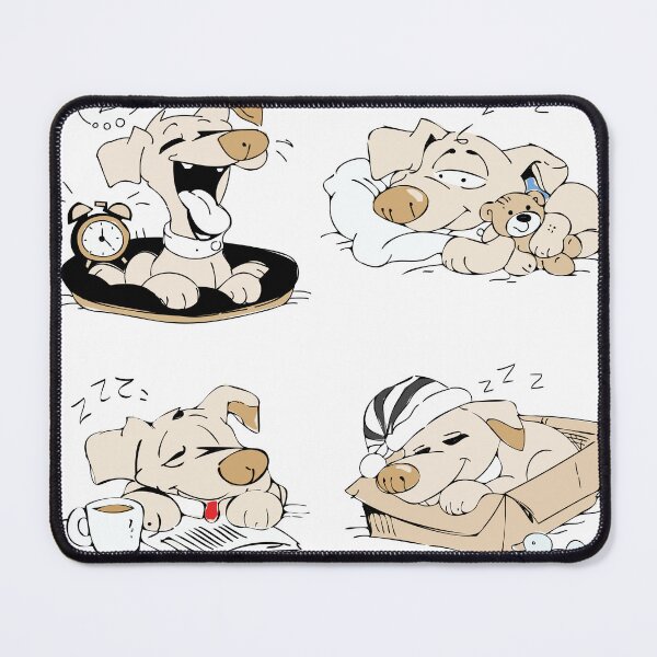 Item preview, Cute cartoon dog sleeping in different cozy situations including bed, box, reading time, and with a teddy bear in a playful hand-drawn illustration set. designed and sold by maewjpho.