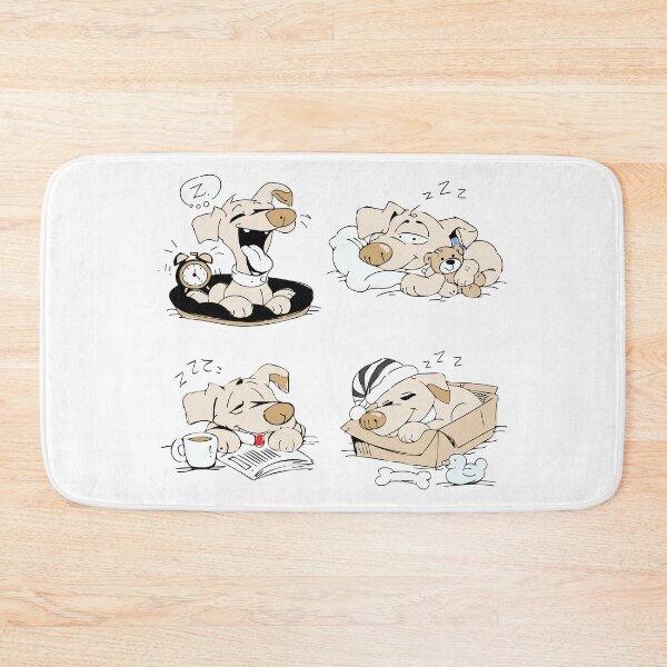 Item preview, Cute cartoon dog sleeping in different cozy situations including bed, box, reading time, and with a teddy bear in a playful hand-drawn illustration set. designed and sold by maewjpho.