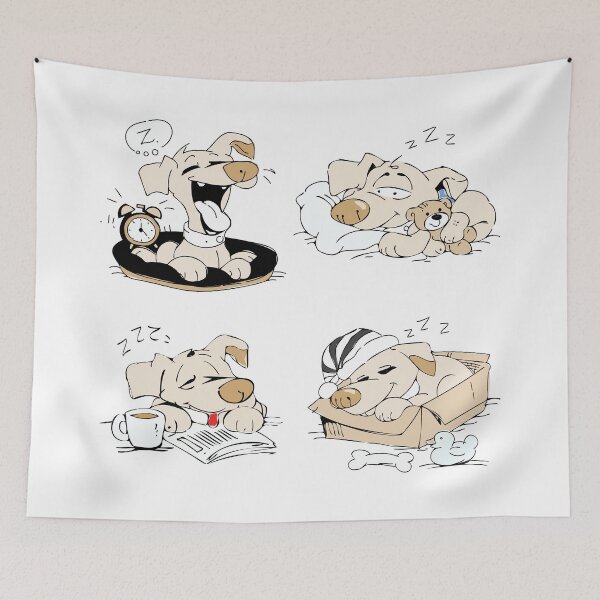 Item preview, Cute cartoon dog sleeping in different cozy situations including bed, box, reading time, and with a teddy bear in a playful hand-drawn illustration set. designed and sold by maewjpho.