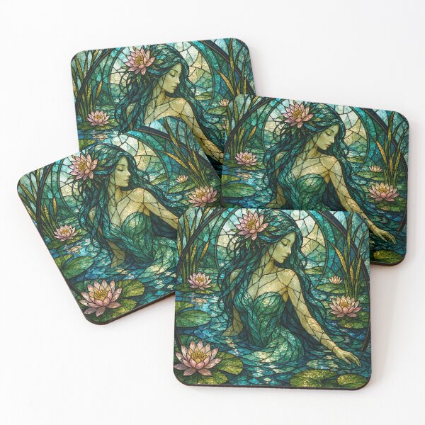 Item preview, Water Nymph in Stained Glass – Enchanted Lotus Pond designed and sold by Karszul.