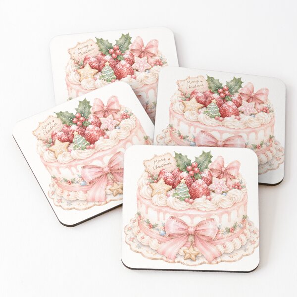 Item preview, Vintage Christmas Strawberry Cake Watercolor | Festive Holiday Dessert with Pink Bow designed and sold by looplandger.