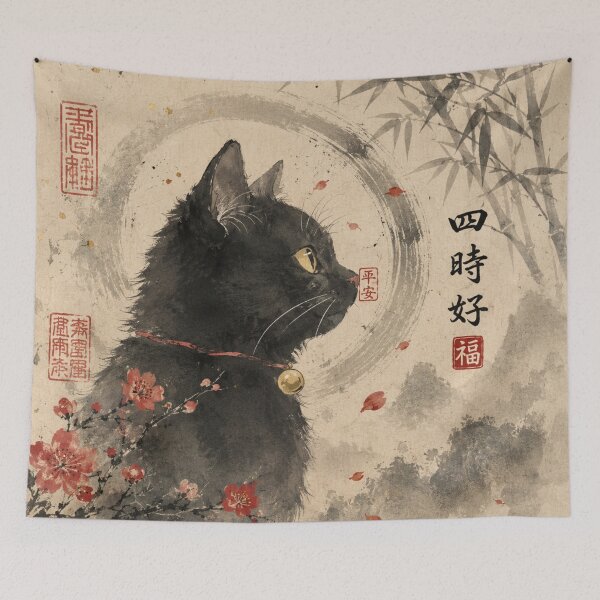 Item preview, Japanese Black Cat Art | Sumi-E Cat Illustration | Zen Wall Decor designed and sold by AbstractAuraArt.