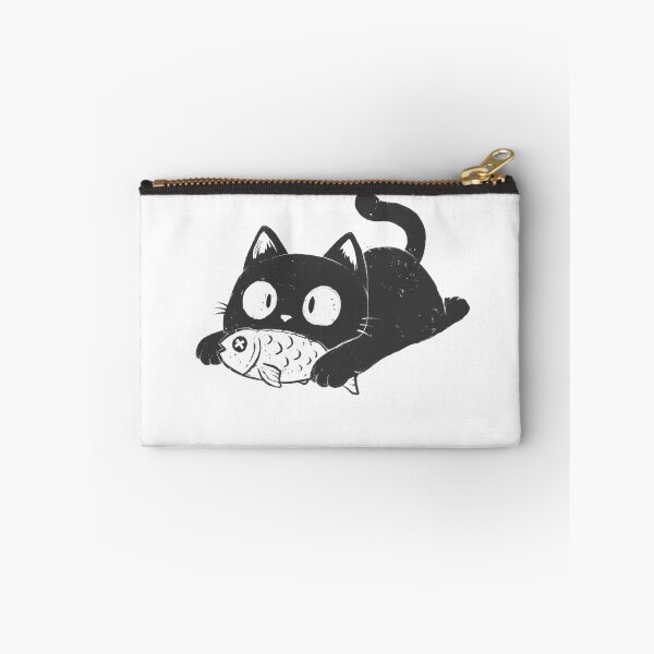 Item preview, Black Cat Nibbling Fish designed and sold by Cute & Funny Hand-Drawn Prints | Happy Doodle Friends Shop.