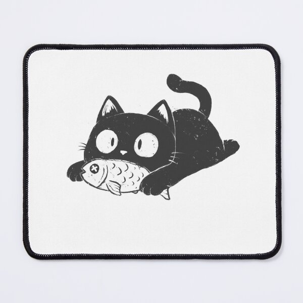 Item preview, Black Cat Nibbling Fish designed and sold by Cute & Funny Hand-Drawn Prints | Happy Doodle Friends Shop.