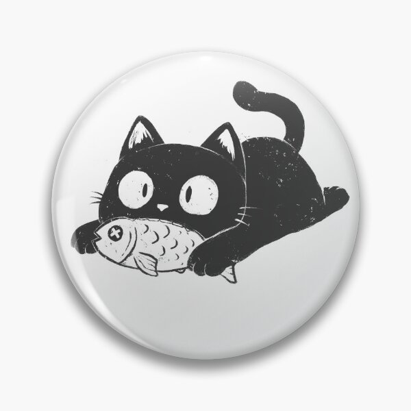 Item preview, Black Cat Nibbling Fish designed and sold by Cute & Funny Hand-Drawn Prints | Happy Doodle Friends Shop.