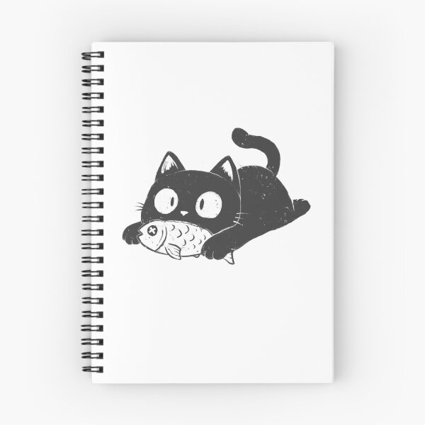 Item preview, Black Cat Nibbling Fish designed and sold by Cute & Funny Hand-Drawn Prints | Happy Doodle Friends Shop.