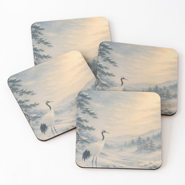 Item preview, Japanese Red-Crowned Crane Winter Landscape – Snowy River, Sunrise & Ukiyo-e Inspired Wall Art designed and sold by Tomoyo Art.