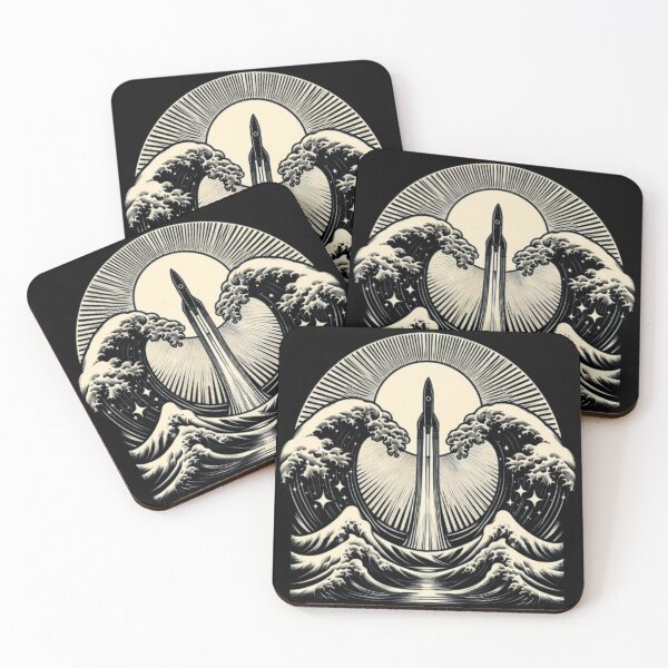 Item preview, Cosmic Voyage – Rocket Launch with Japanese Waves Artwork designed and sold by Dogandesighn.