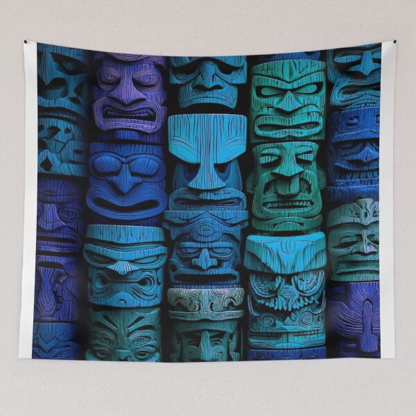 Item preview, Guardians of the Forgotten Temple 3D Tiki Mask Wall - Mystical Tribal Pattern in Blue and Purple Wood designed and sold by RAYBIL.