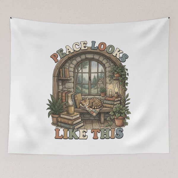 Item preview, Peace Looks Like This Cozy Reading Cat Shirt | Book Lover Cottagecore Library Gift designed and sold by softmind studio.