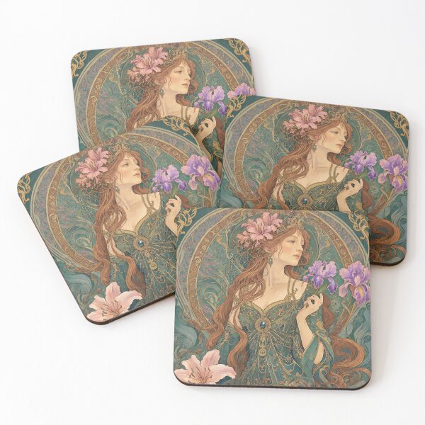 Item preview, Elegant Art Nouveau Lady with Iris and Lily Flowers designed and sold by jo-e-basta.