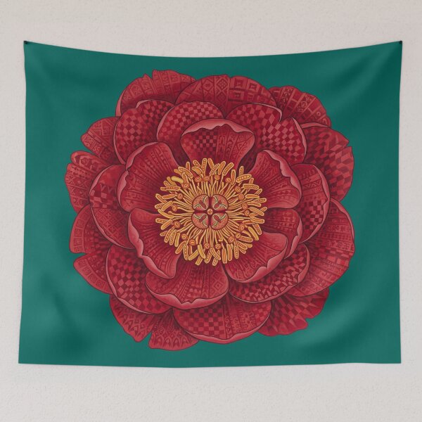 Item preview, Crimson Peony Sovereign — Ornate Botanical Bloom Print designed and sold by FreiherrPK.