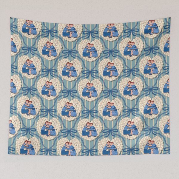 Item preview, Mid-century pattern of a couple embracing on a white rice cake, with blue watercolor details designed and sold by WONDERPRINTVALLEY.